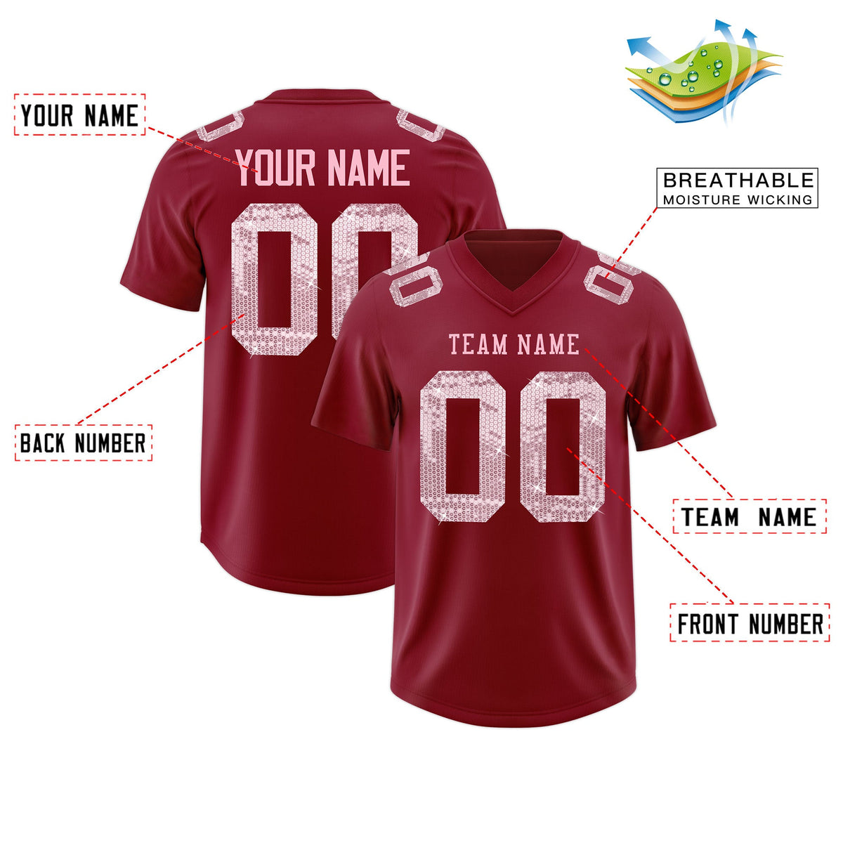 Custom Crimson Light Pink sequin lettering Stretch Fabric Football Jersey| KXKSHOP