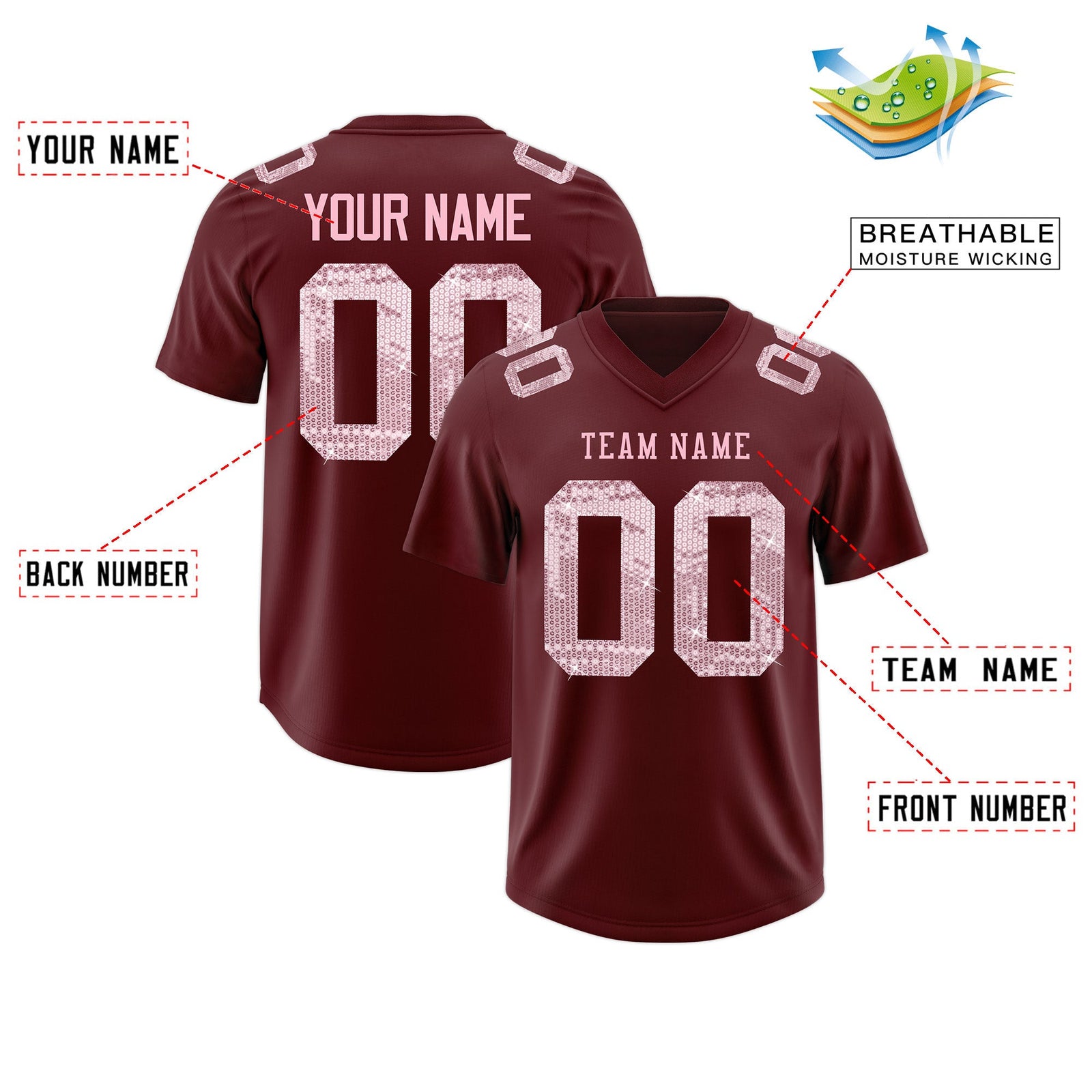 Custom Burgundy Light Pink sequin lettering Moisture-Wicking Football Jersey| KXKSHOP