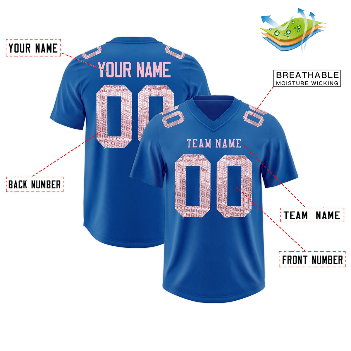 Custom Royal Light Pink sequin lettering Breathable Football Jersey| KXKSHOP