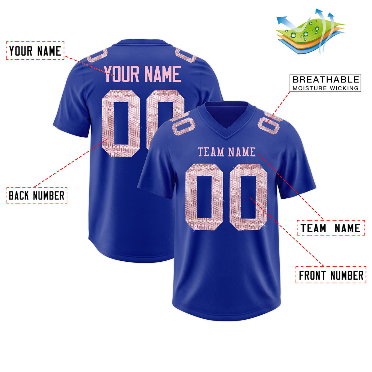 Custom Royal Blue Light Pink sequin lettering Stretch Fabric Football Jersey| KXKSHOP