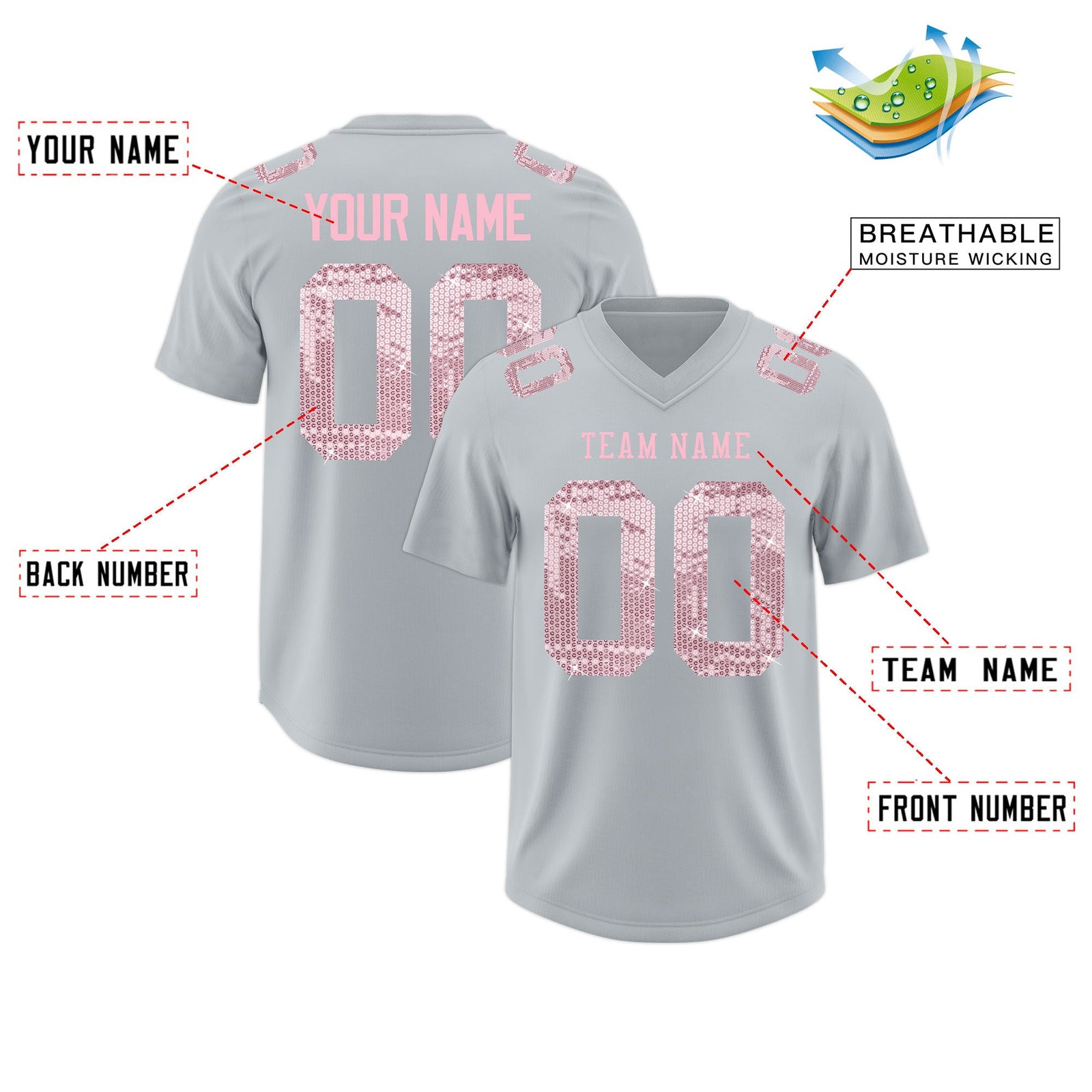 Custom Silver Light Pink sequin lettering Stretch Fabric Football Jersey| KXKSHOP