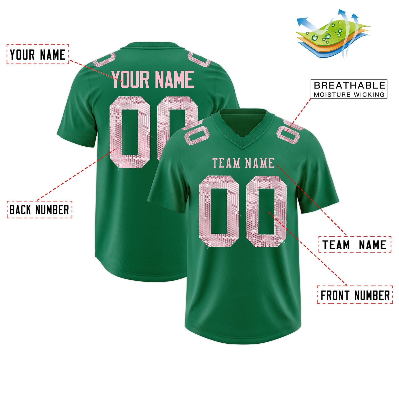 Custom Kelly Green Light Pink sequin lettering Stretch Fabric Football Jersey| KXKSHOP