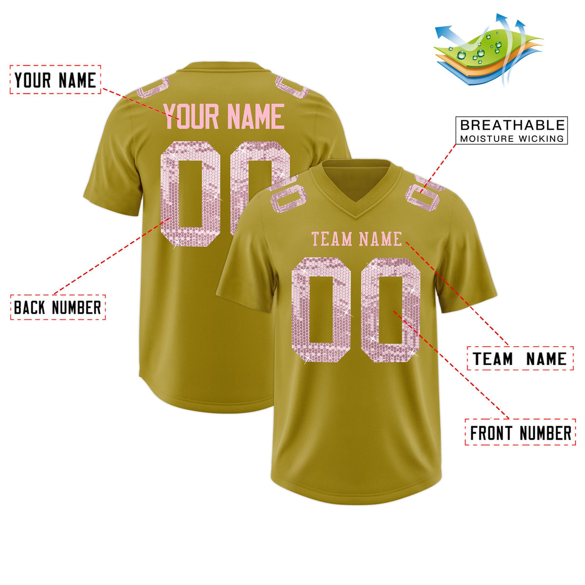 Custom Old Gold Light Pink sequin lettering Moisture-Wicking Football Jersey| KXKSHOP