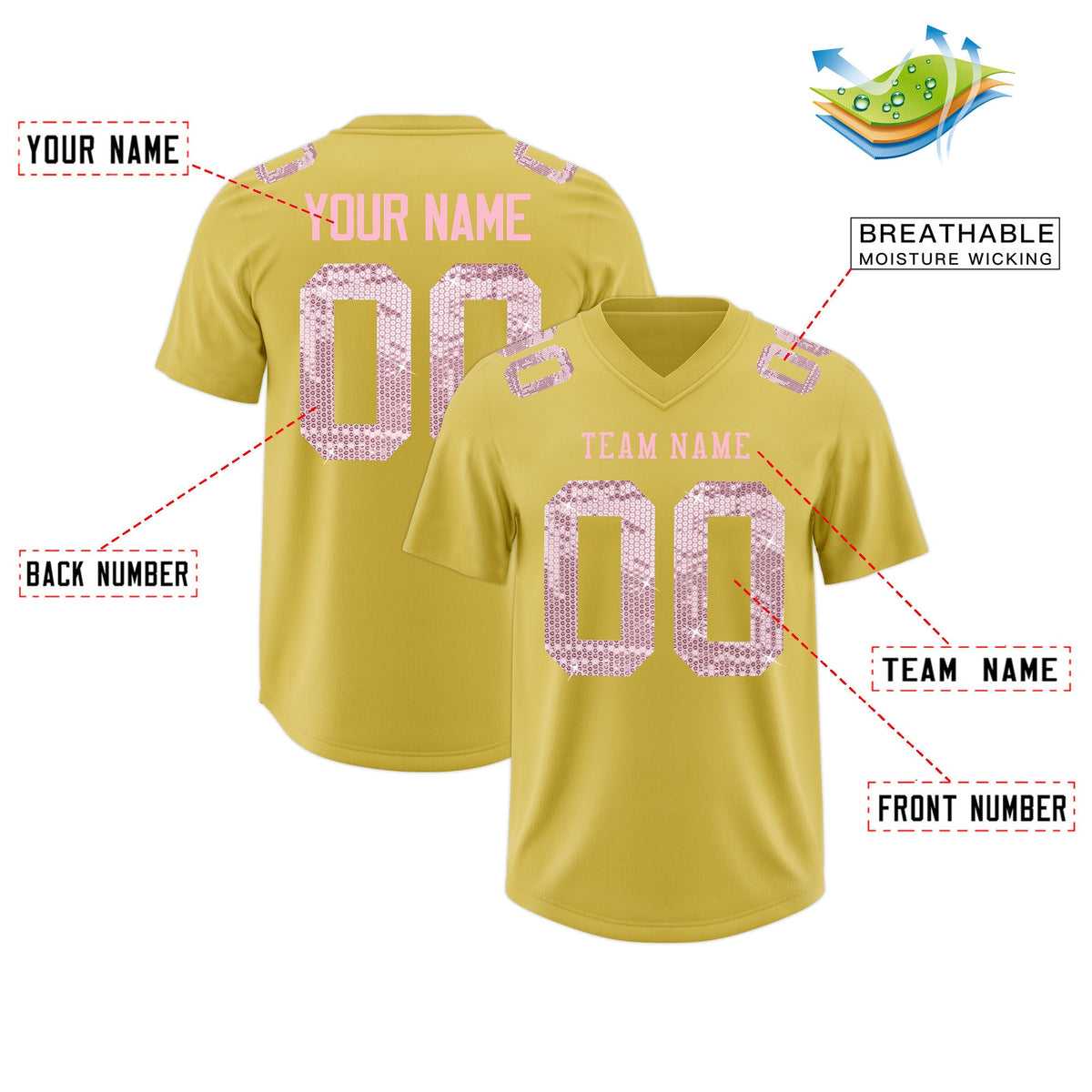 Custom Old Gold Light Pink sequin lettering Breathable Football Jersey| KXKSHOP