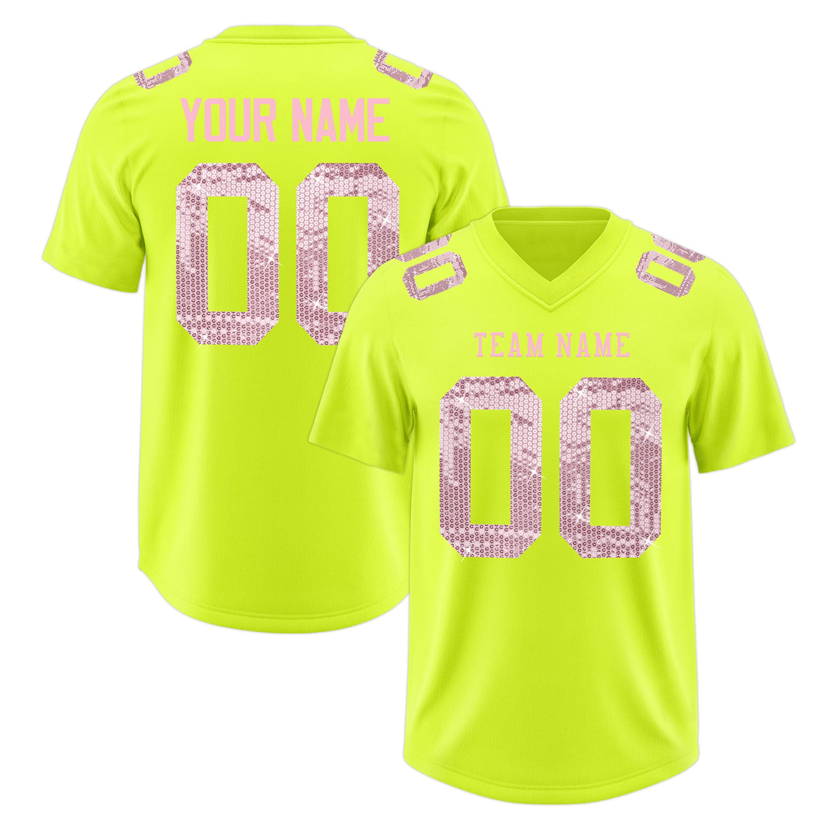 Custom Fluorescent Green Light Pink sequin lettering Stretch Fabric Football Jersey| KXKSHOP