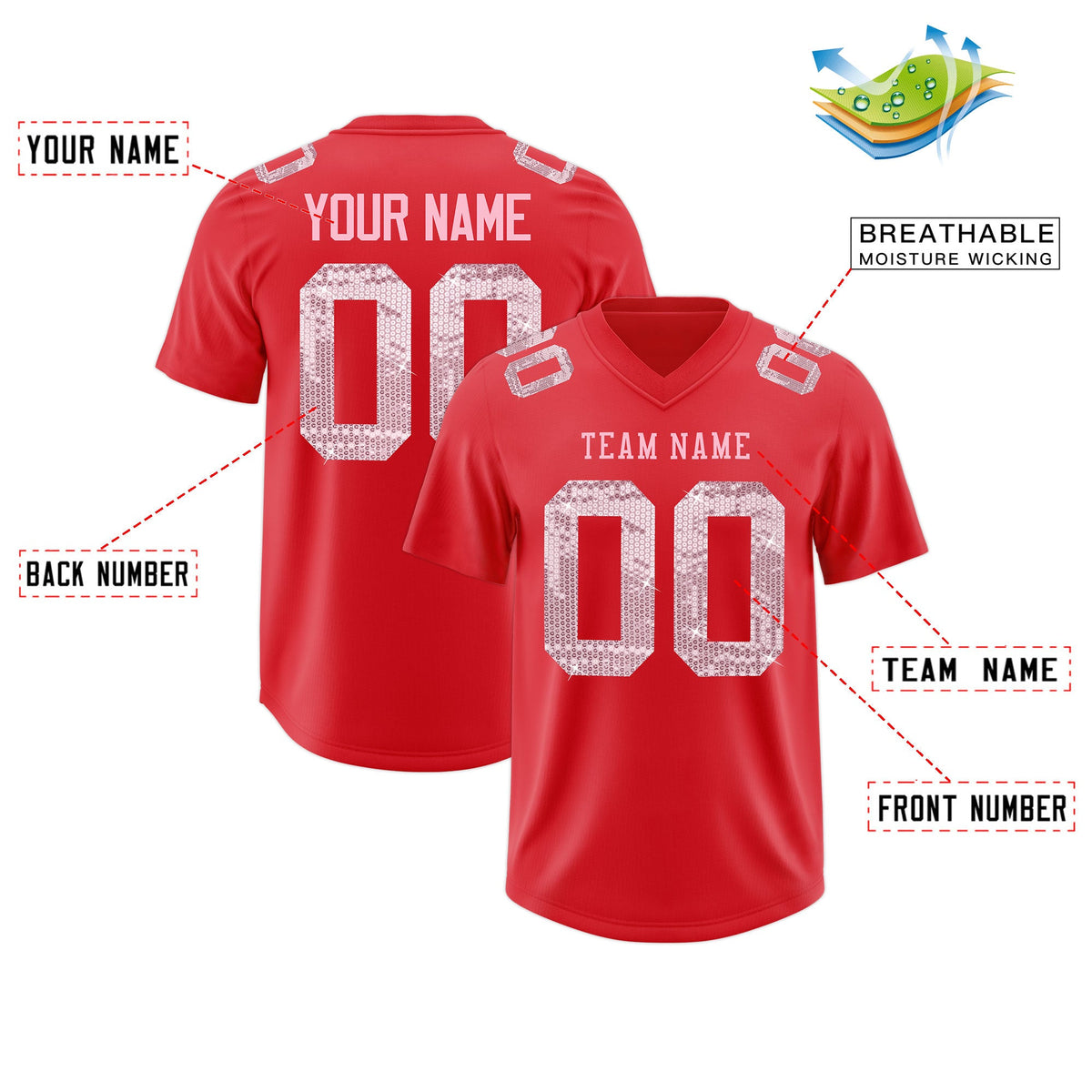 Custom Light Red Light Pink sequin lettering Moisture-Wicking Football Jersey| KXKSHOP
