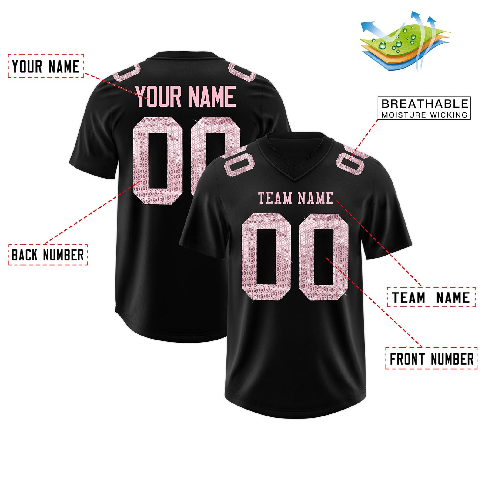Custom Black Light Pink sequin lettering Stretch Fabric Football Jersey| KXKSHOP