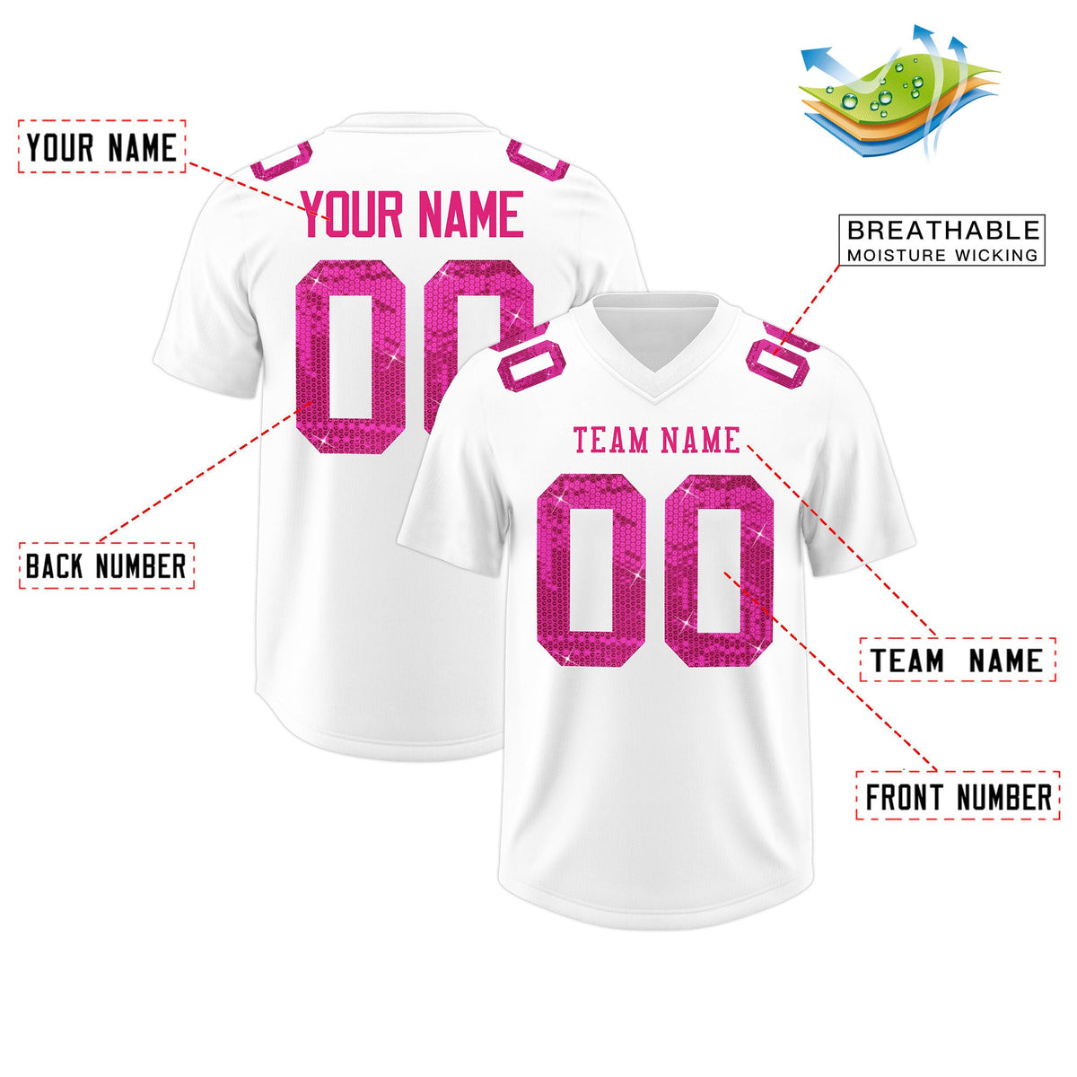 Custom White Pink sequin lettering Moisture-Wicking Football Jersey| KXKSHOP