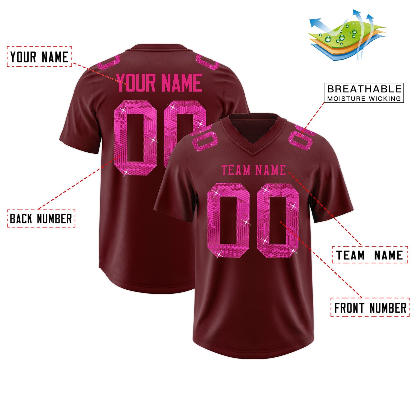 Custom Burgundy Pink sequin lettering Stretch Fabric Football Jersey| KXKSHOP