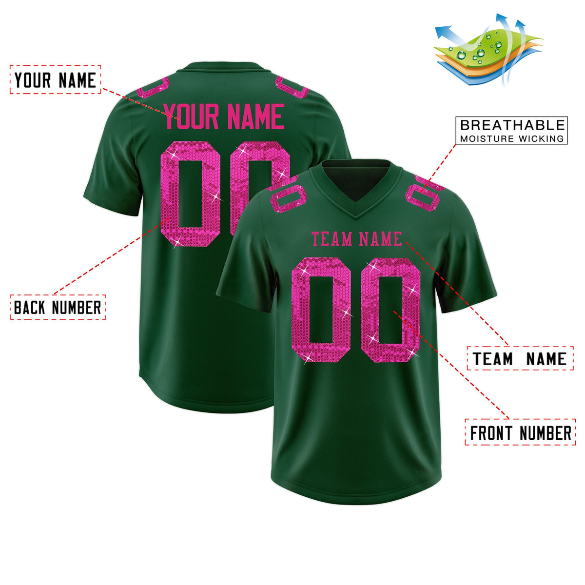 Custom Midnight Green Pink sequin lettering Moisture-Wicking Football Jersey| KXKSHOP
