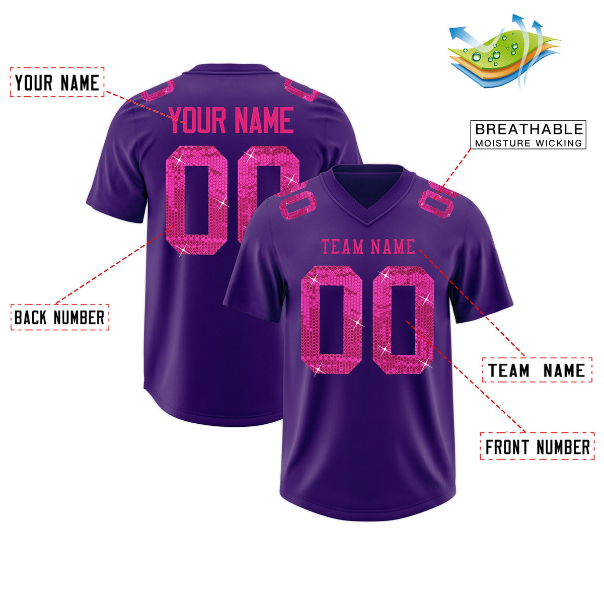 Custom Purple Pink sequin lettering Breathable Football Jersey| KXKSHOP