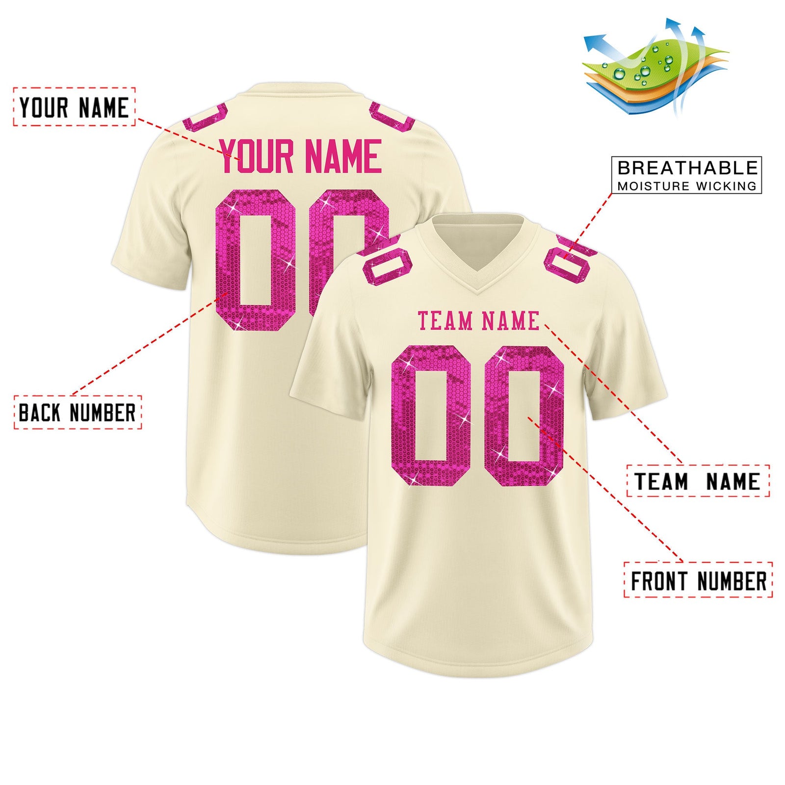 Custom Cream Pink sequin lettering Moisture-Wicking Football Jersey| KXKSHOP
