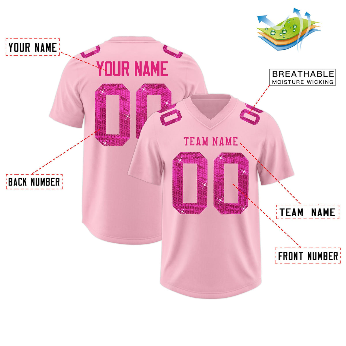 Custom Light Pink Pink sequin lettering Breathable Football Jersey| KXKSHOP