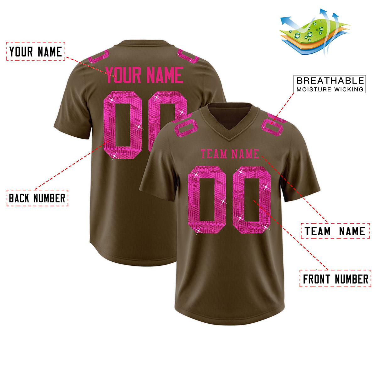 Custom Light Brown Pink sequin lettering Stretch Fabric Football Jersey| KXKSHOP