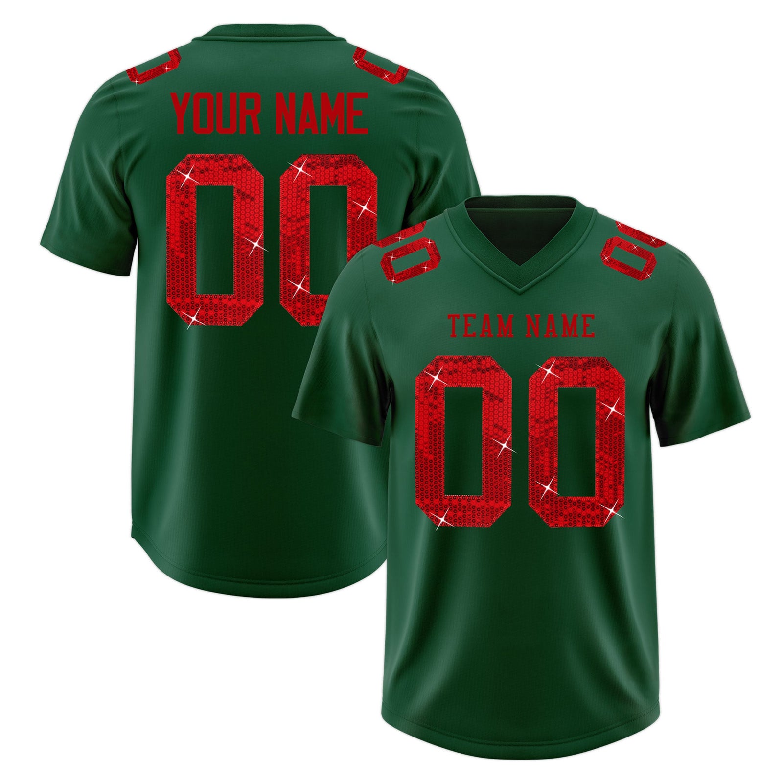 Custom Dark Green Red sequin lettering Stretch Fabric Football Jersey| KXKSHOP