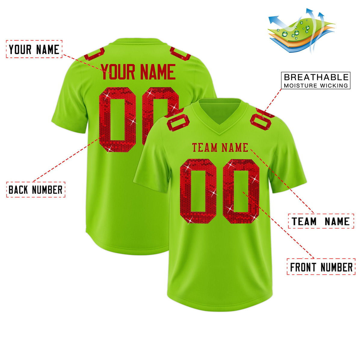 Custom Neon Green Red sequin lettering Moisture-Wicking Football Jersey| KXKSHOP