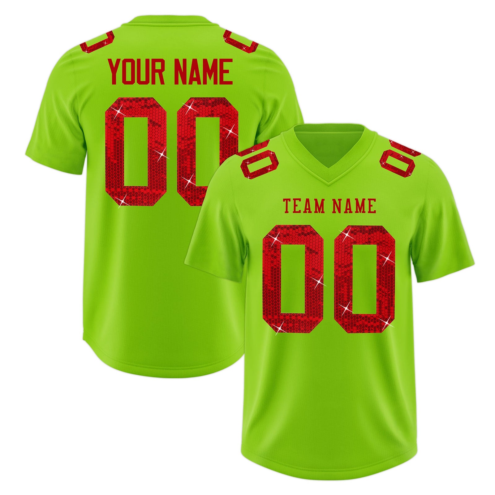 Custom Neon Green Red sequin lettering Moisture-Wicking Football Jersey| KXKSHOP