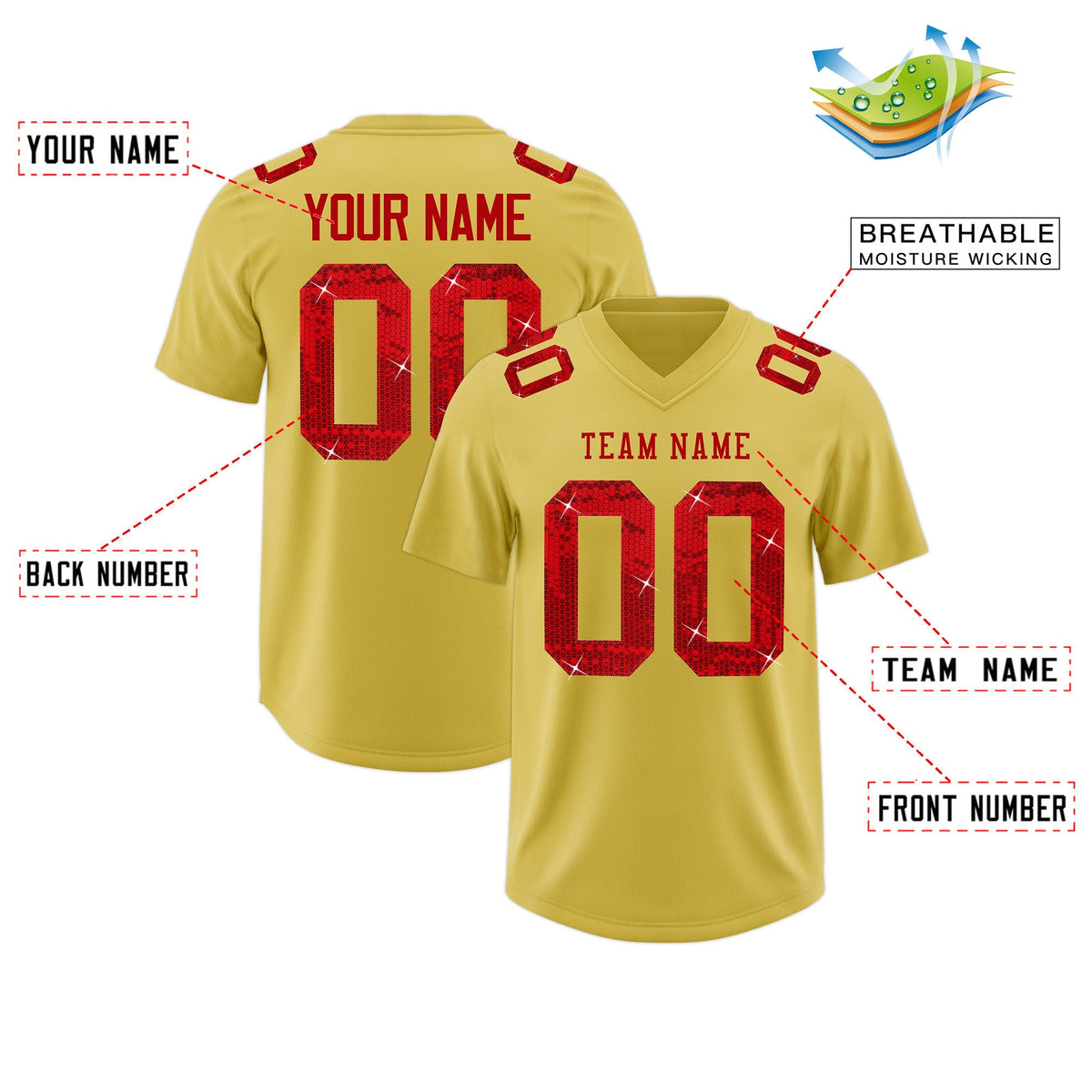 Custom Old Gold Red sequin lettering Moisture-Wicking Football Jersey| KXKSHOP