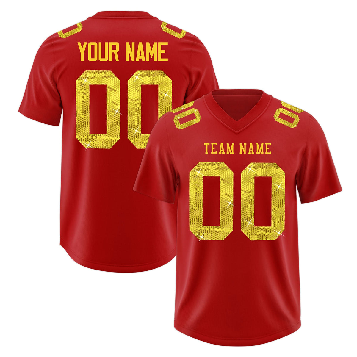Custom Red Gold sequin lettering Moisture-Wicking Football Jersey| KXKSHOP