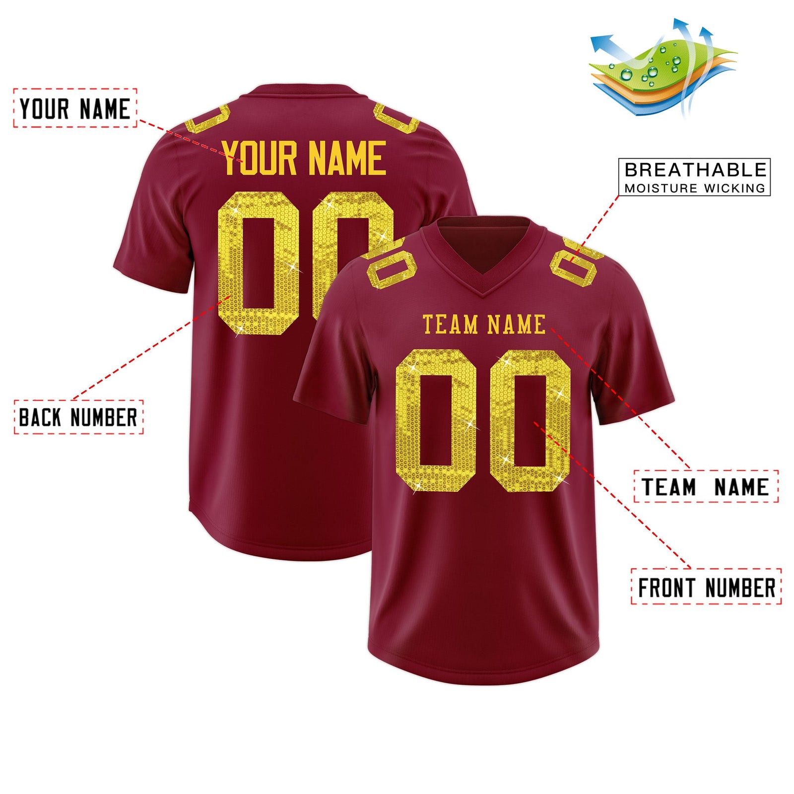 Custom Crimson Gold sequin lettering Breathable Football Jersey| KXKSHOP