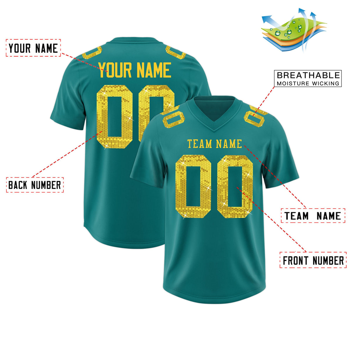 Custom Teal Gold sequin lettering Breathable Football Jersey| KXKSHOP
