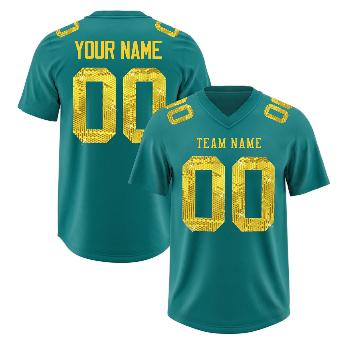 Custom Teal Gold sequin lettering Breathable Football Jersey| KXKSHOP