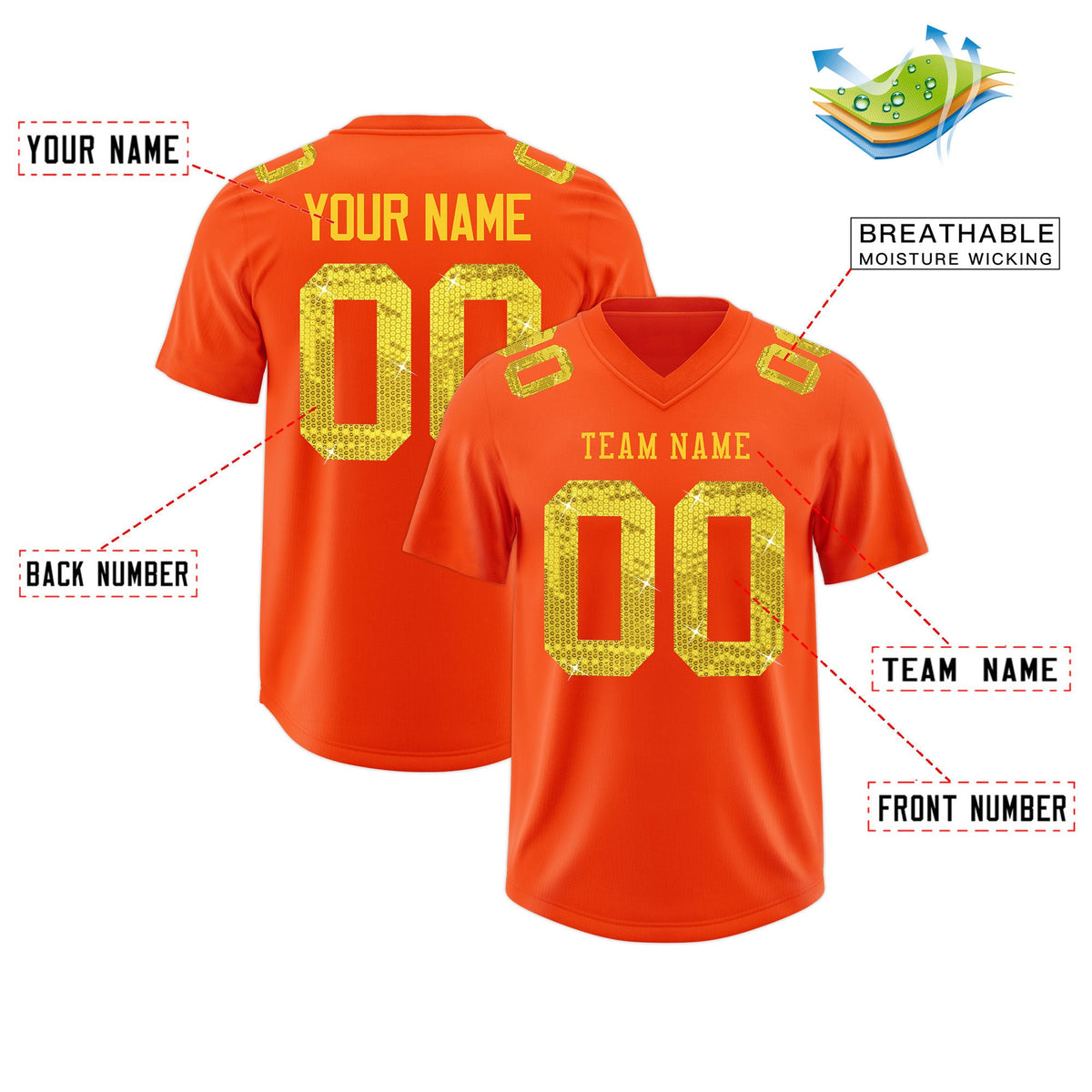 Custom Orange Gold sequin lettering Stretch Fabric Football Jersey| KXKSHOP