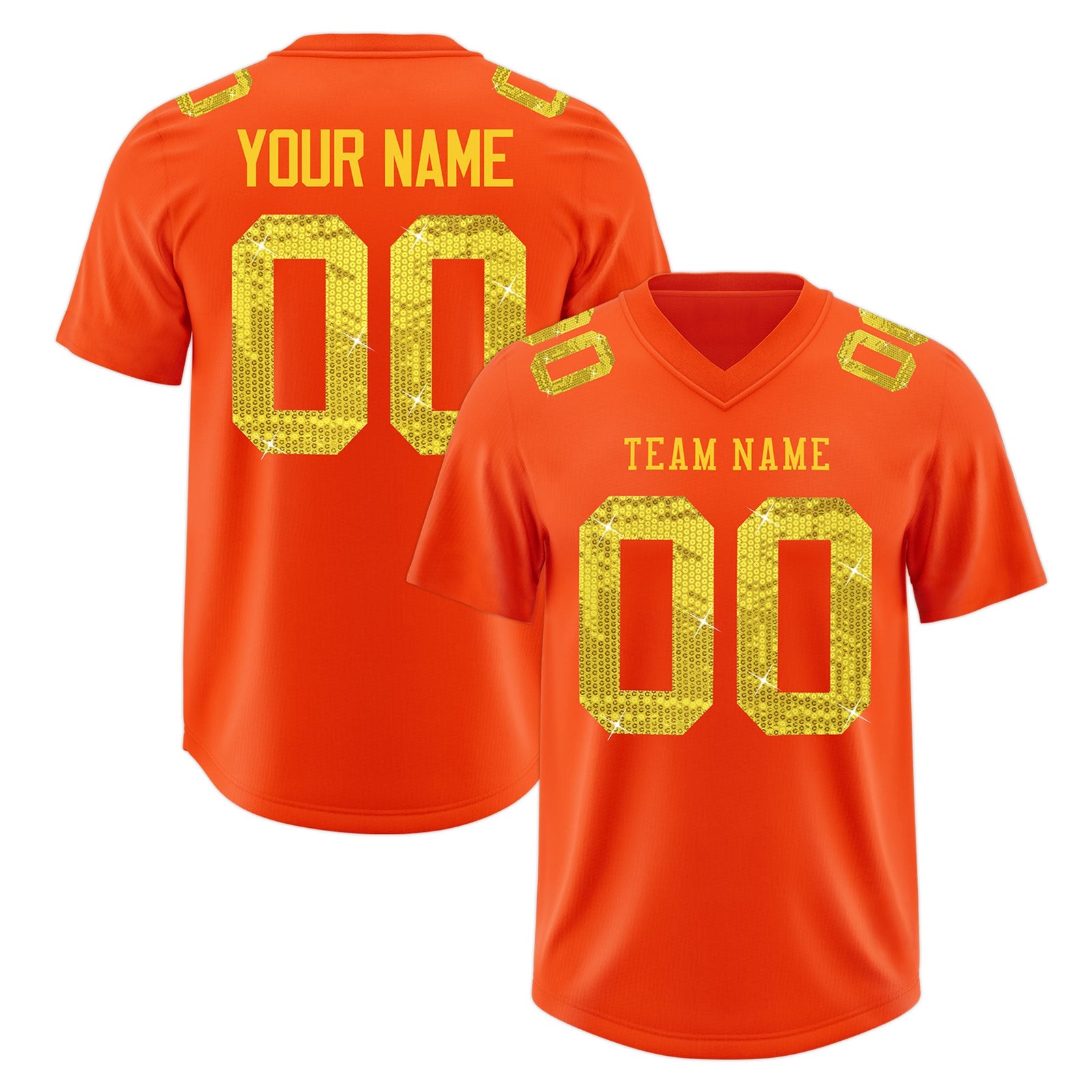 Custom Orange Gold sequin lettering Stretch Fabric Football Jersey| KXKSHOP