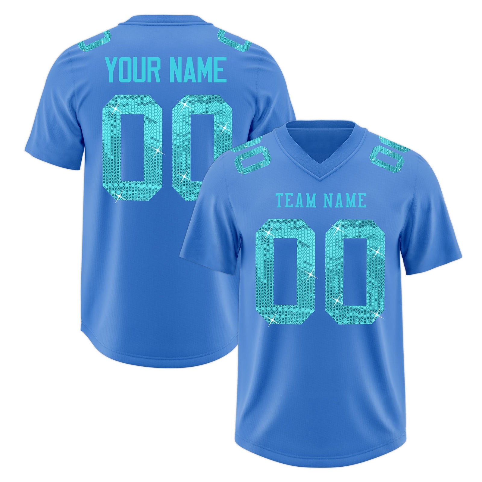 Custom Powder Blue Sky Blue sequin lettering Stretch Fabric Football Jersey| KXKSHOP
