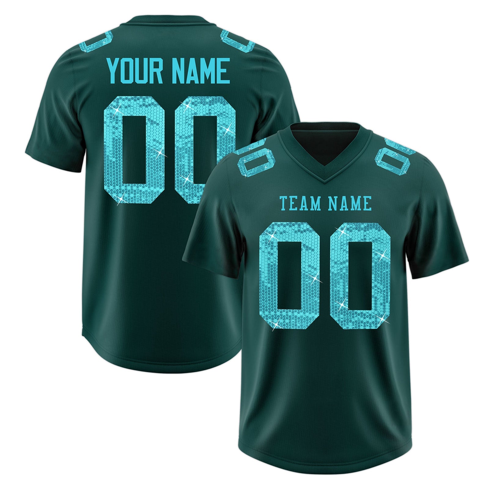 Custom Midnight Green Sky Blue sequin lettering Moisture-Wicking Football Jersey| KXKSHOP