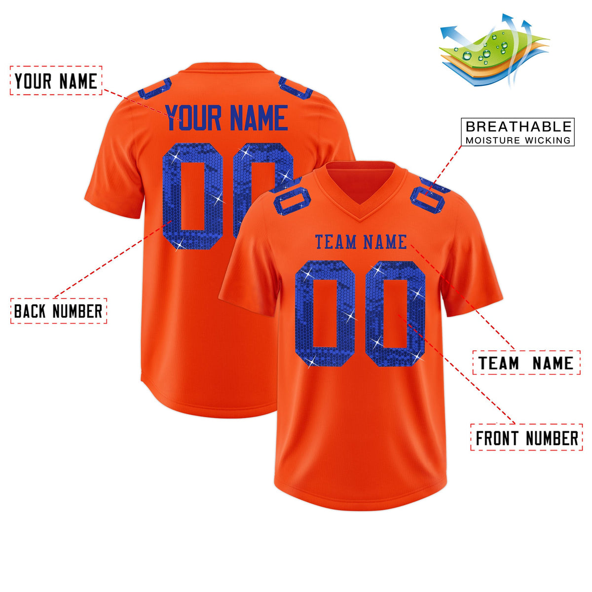 Custom Orange Royal Blue sequin lettering Stretch Fabric Football Jersey| KXKSHOP
