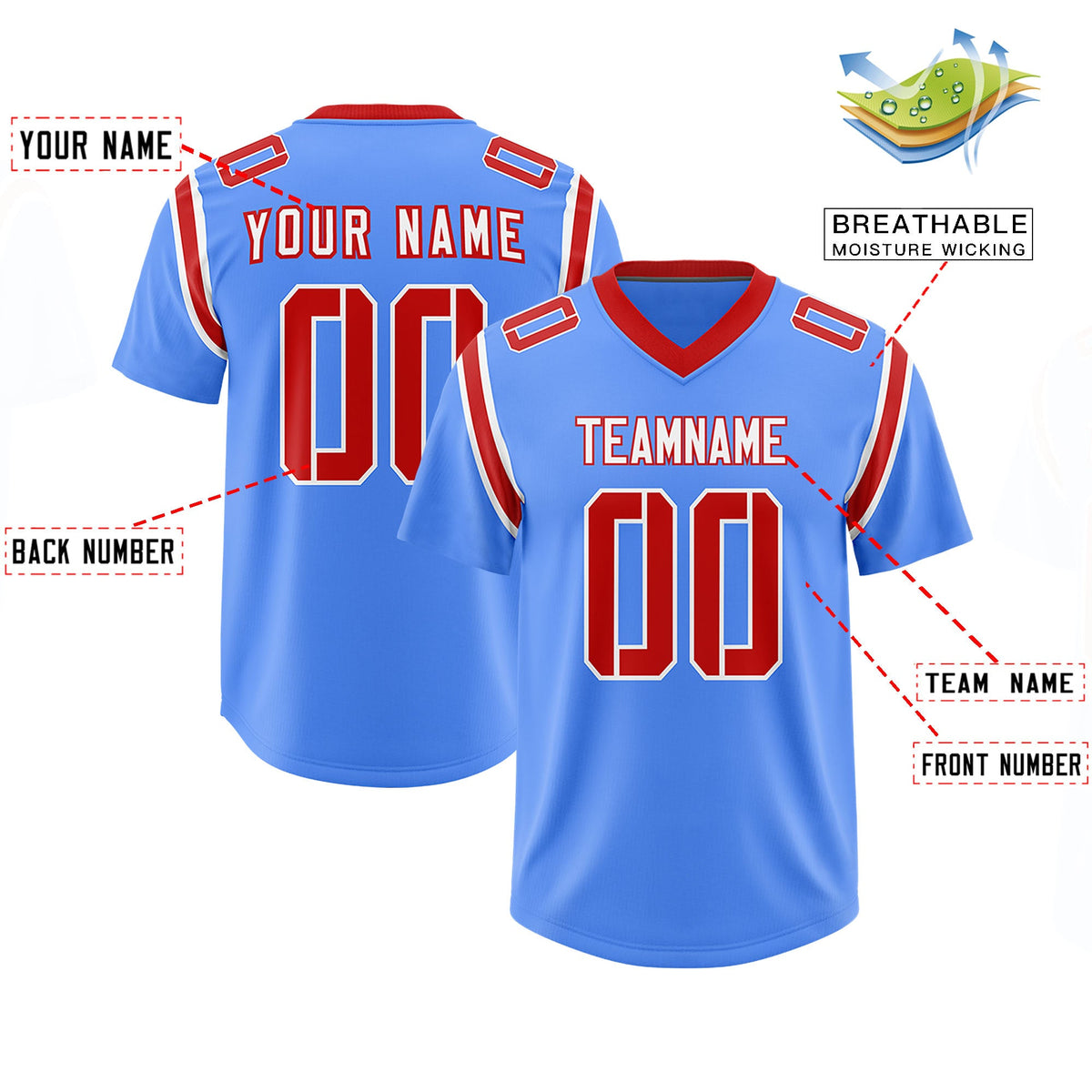 Custom Powder Blue Personalized Shoulder Cut Two-Tone Authentic Football Jersey