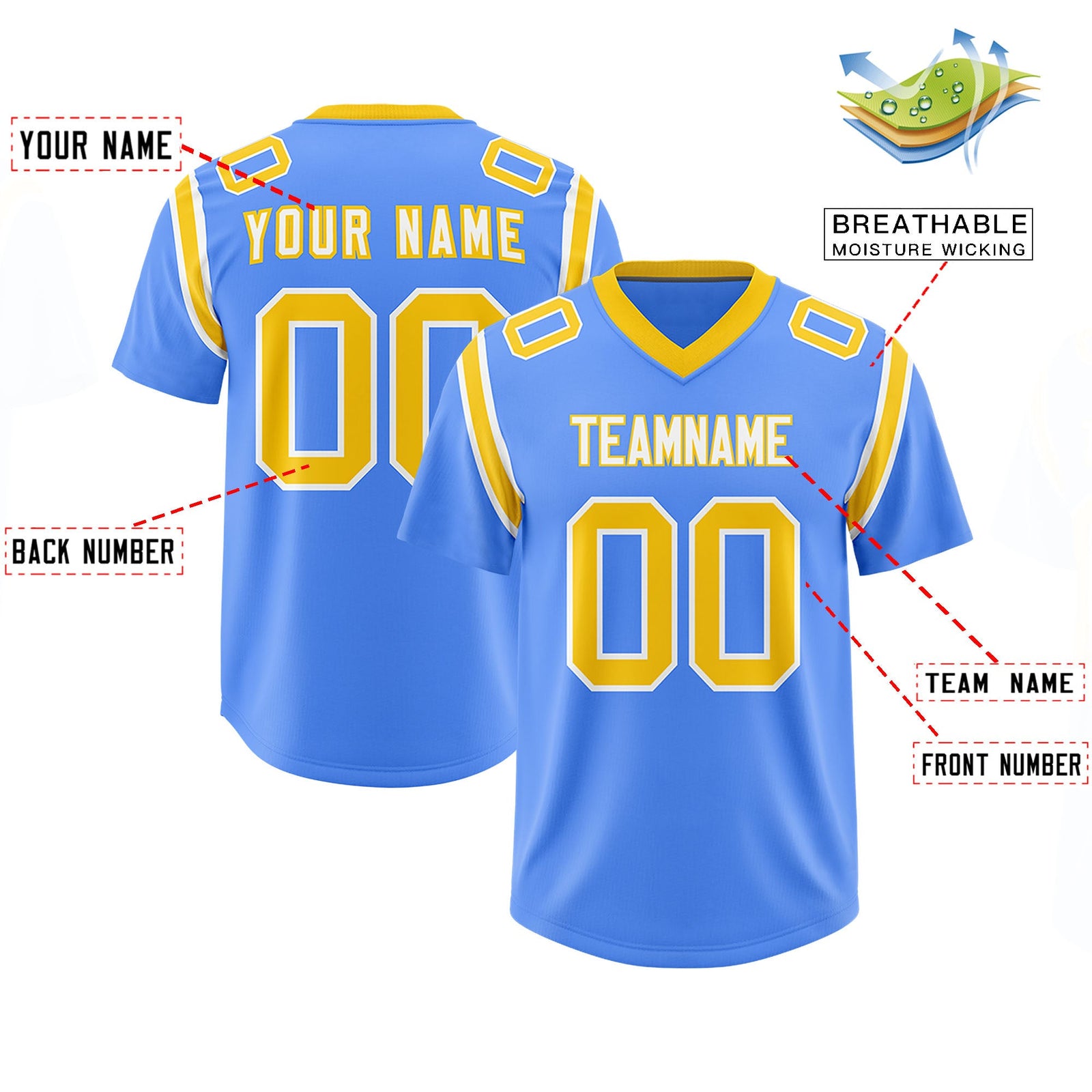 Custom Powder Blue Personalized Shoulder Cut Two-Tone Authentic Football Jersey