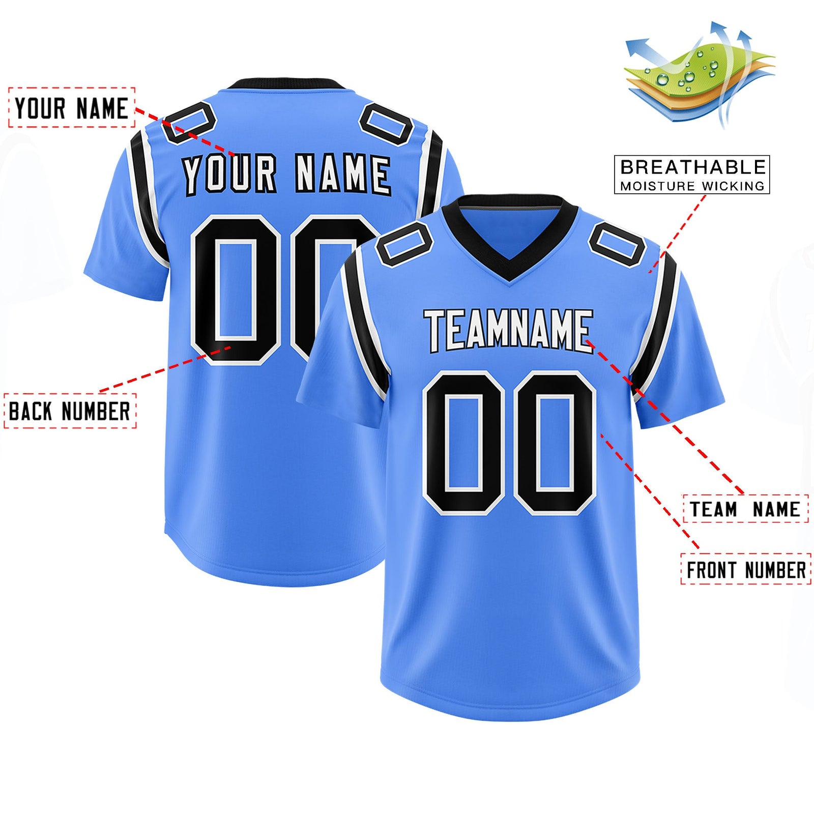Custom Powder Blue Personalized Shoulder Cut Two-Tone Authentic Football Jersey