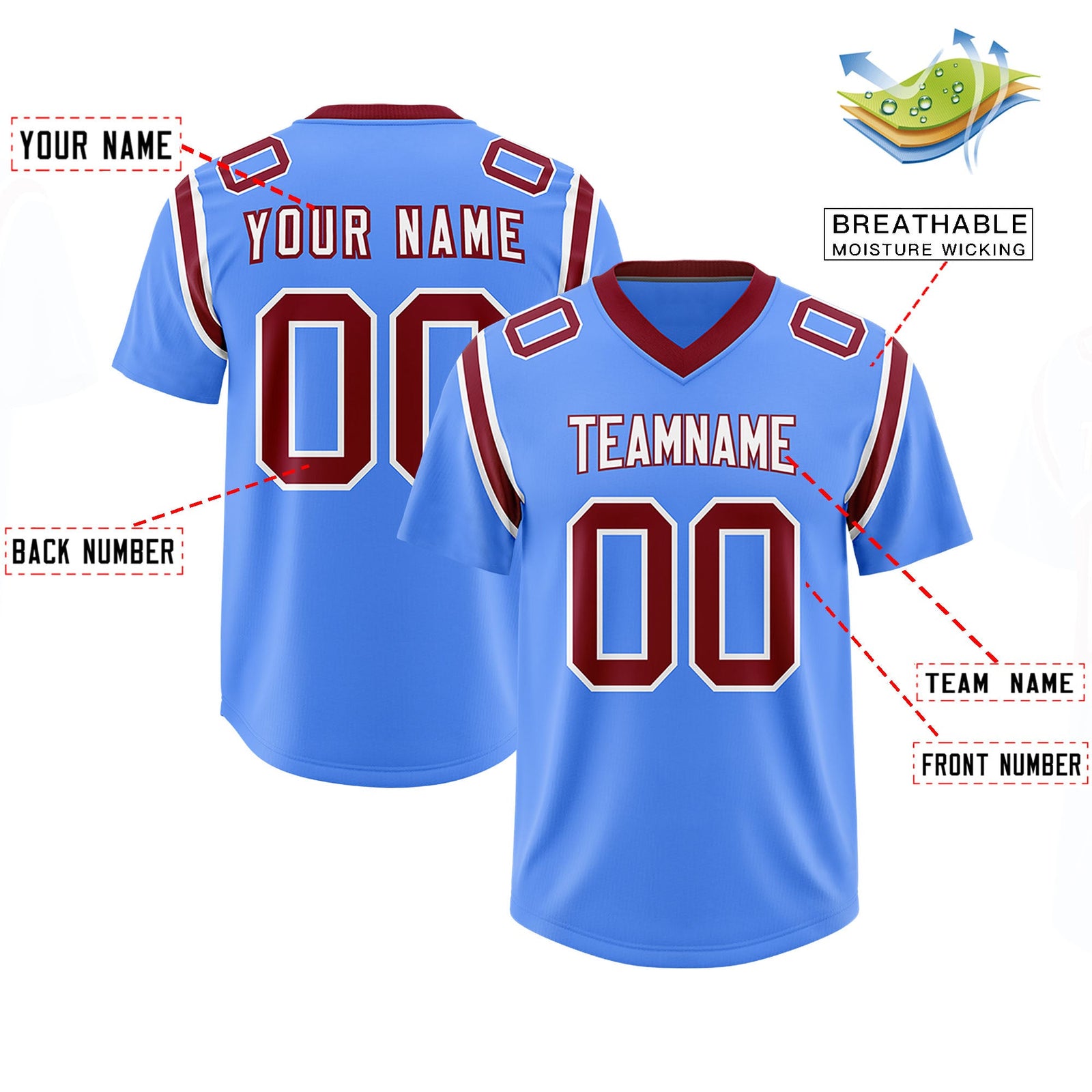 Custom Powder Blue Personalized Shoulder Cut Two-Tone Authentic Football Jersey