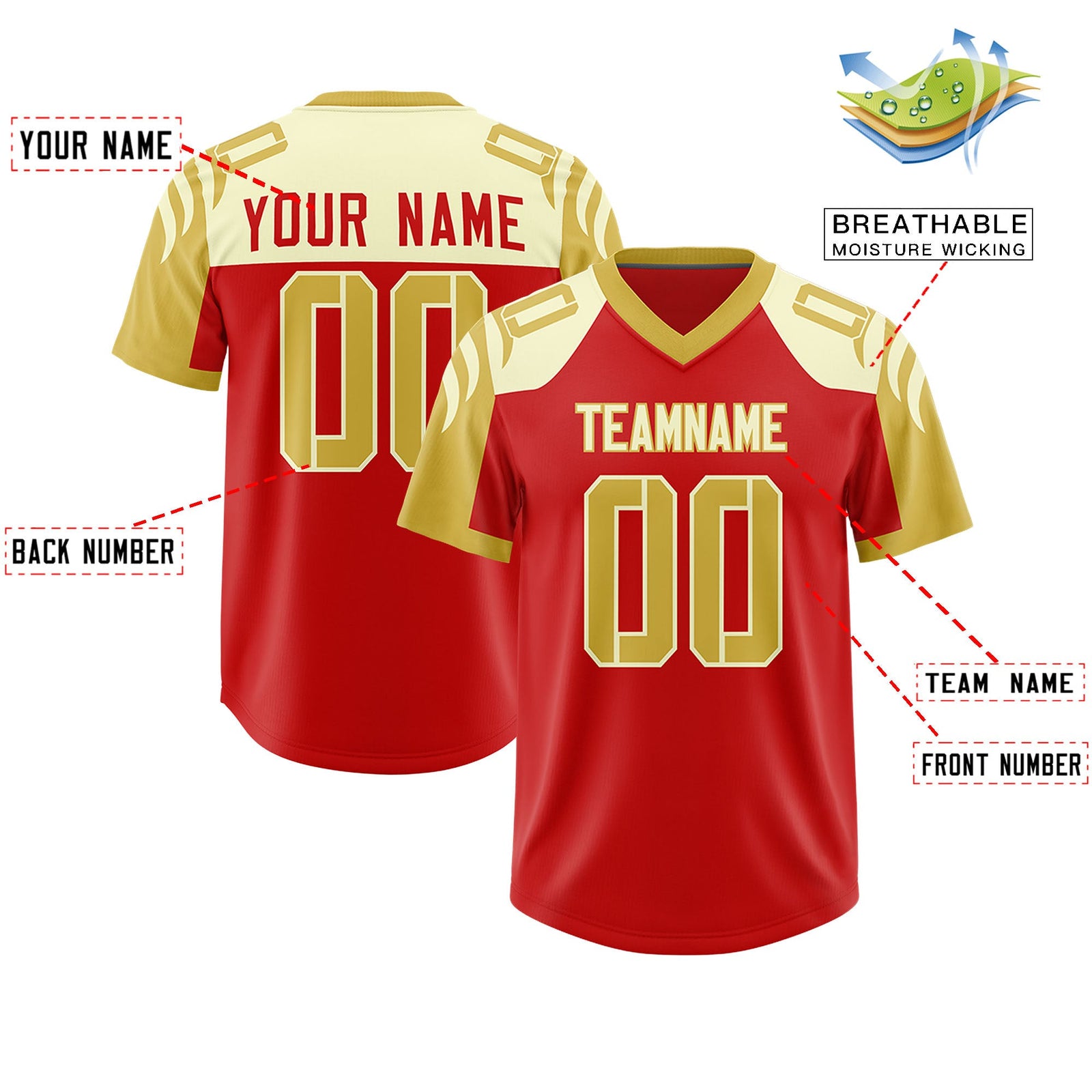 Custom Red Old Gold Raglan Sleeves Personalized Pattern Authentic Football Jersey