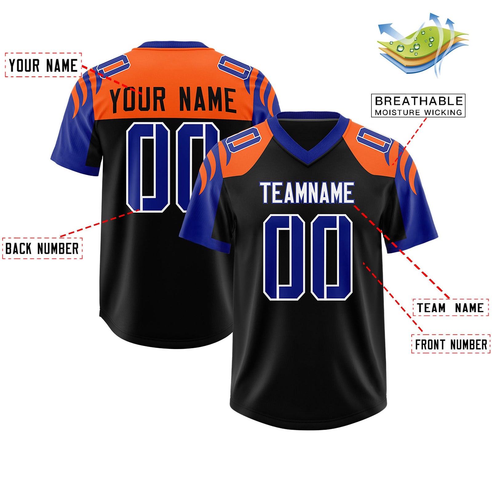 Custom Black Royal Raglan Sleeves Personalized Pattern Authentic Football Jersey