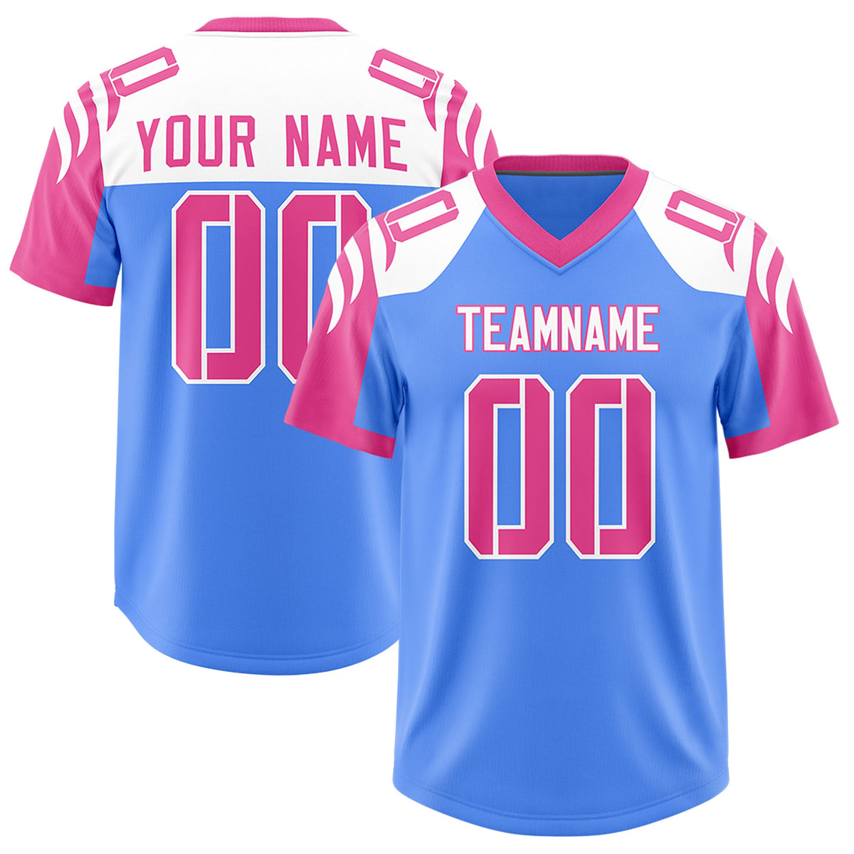 Custom Powder Blue Pink Raglan Sleeves Personalized Pattern Authentic Football Jersey
