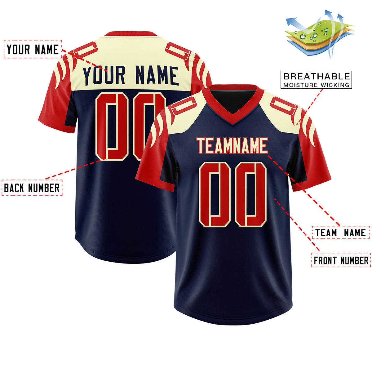 Custom Navy Red Raglan Sleeves Personalized Pattern Authentic Football Jersey