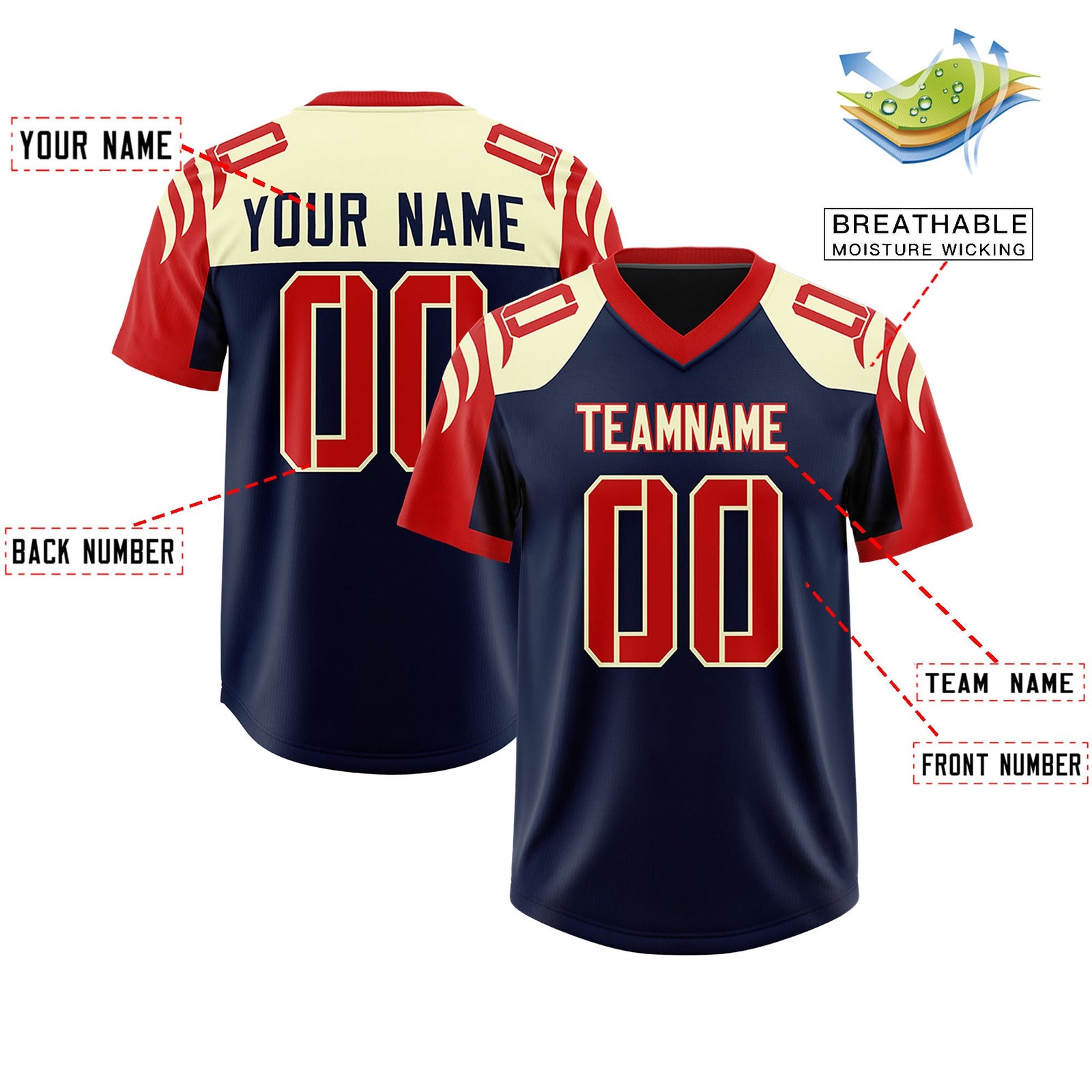 Custom Navy Red Raglan Sleeves Personalized Pattern Authentic Football Jersey