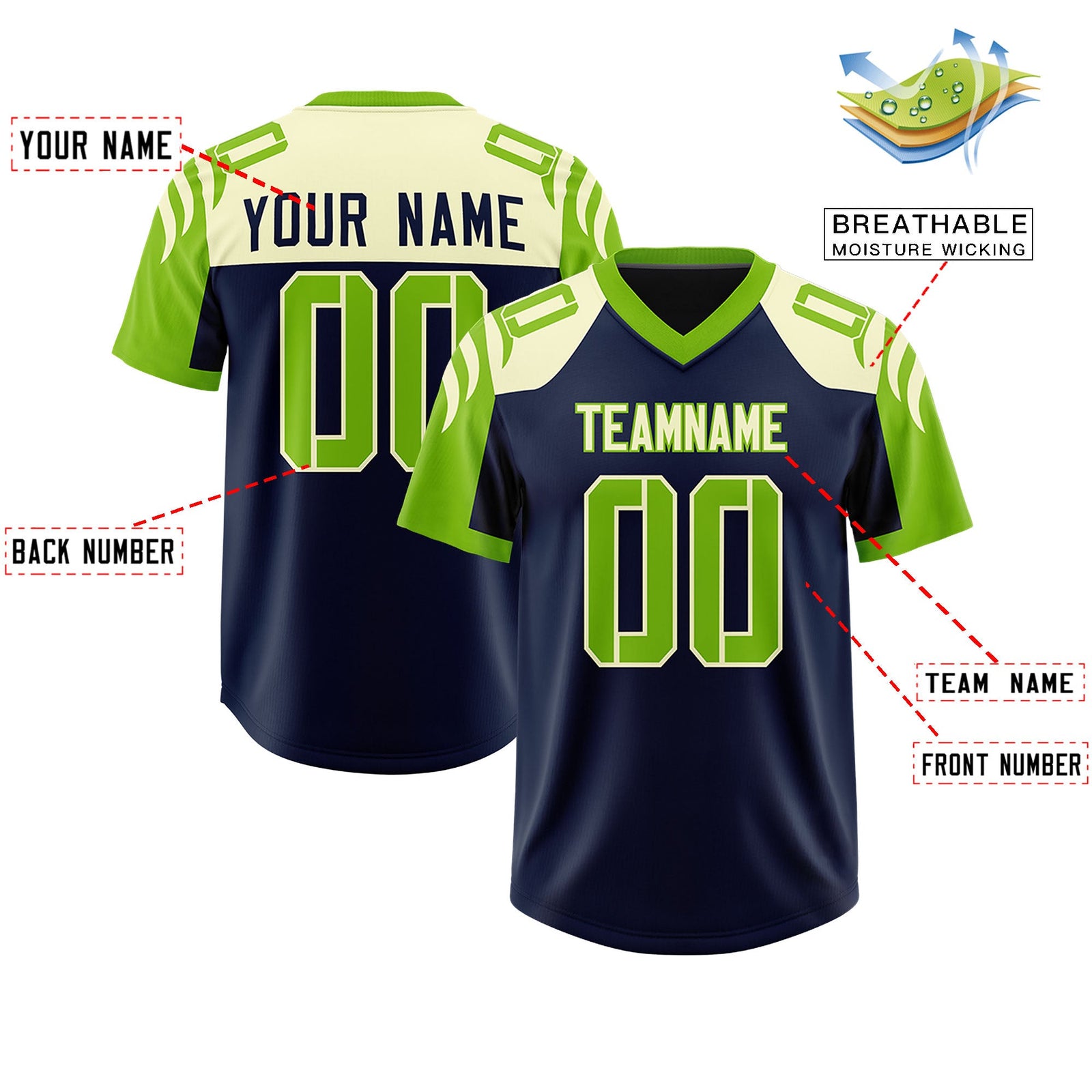 Custom Navy Neon Green Raglan Sleeves Personalized Pattern Authentic Football Jersey