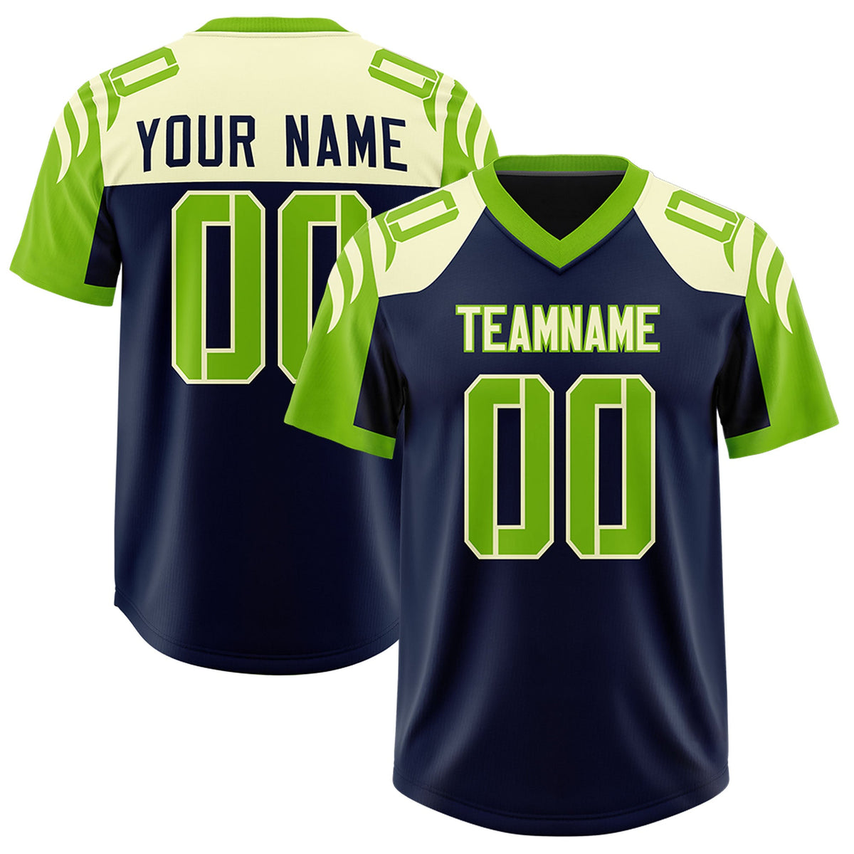 Custom Navy Neon Green Raglan Sleeves Personalized Pattern Authentic Football Jersey