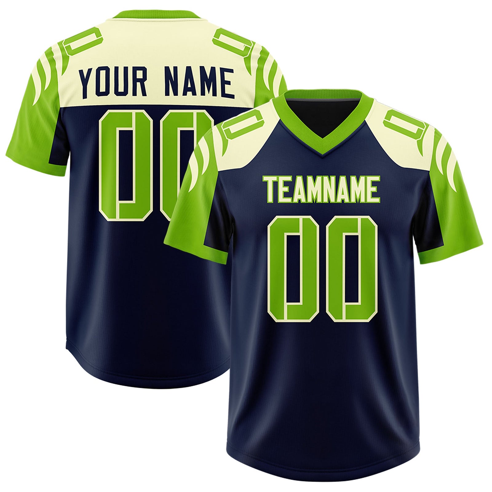 Custom Navy Neon Green Raglan Sleeves Personalized Pattern Authentic Football Jersey