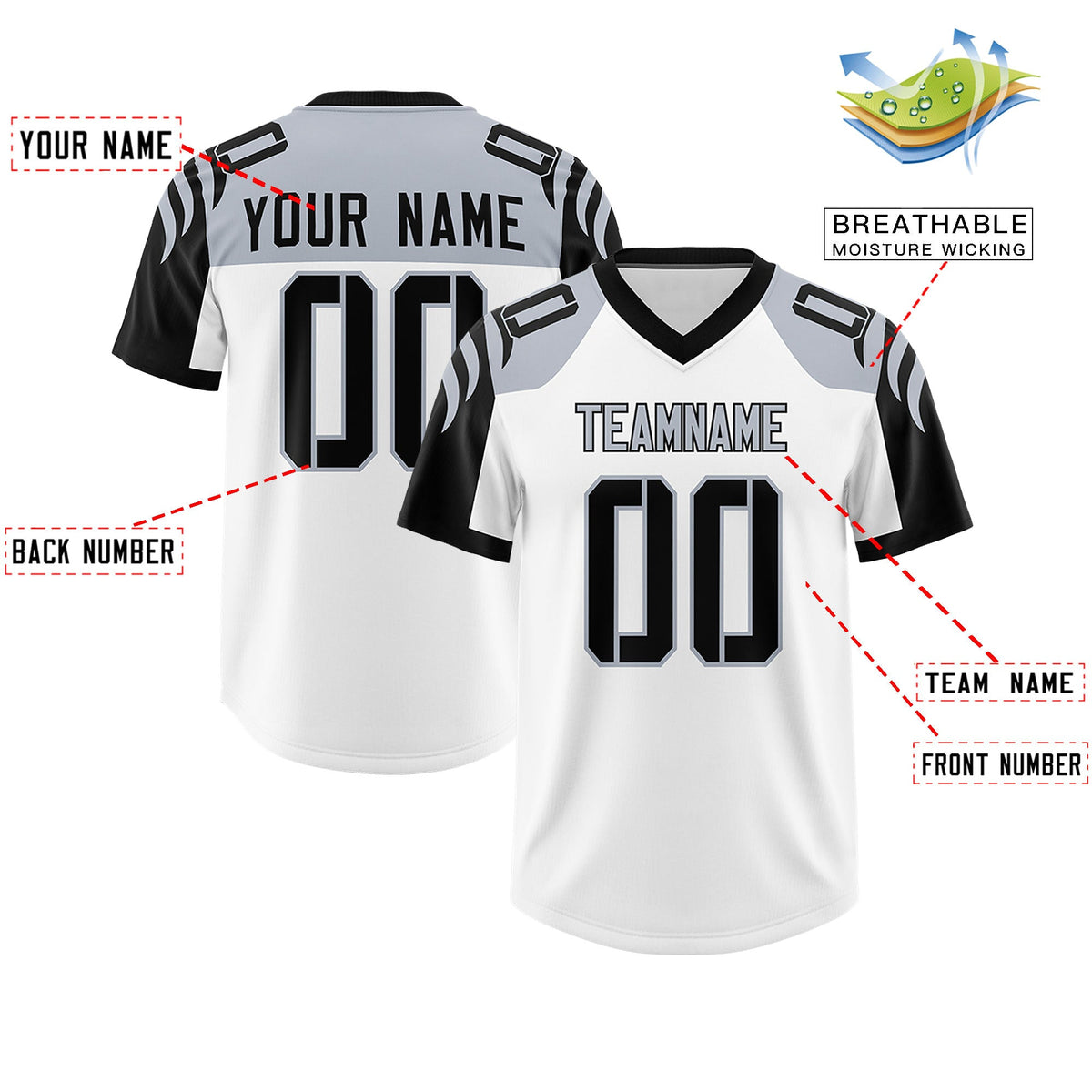 Custom White Black Raglan Sleeves Personalized Pattern Authentic Football Jersey