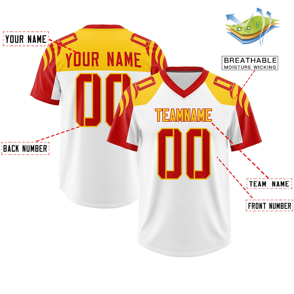 Custom White Red Raglan Sleeves Personalized Pattern Authentic Football Jersey