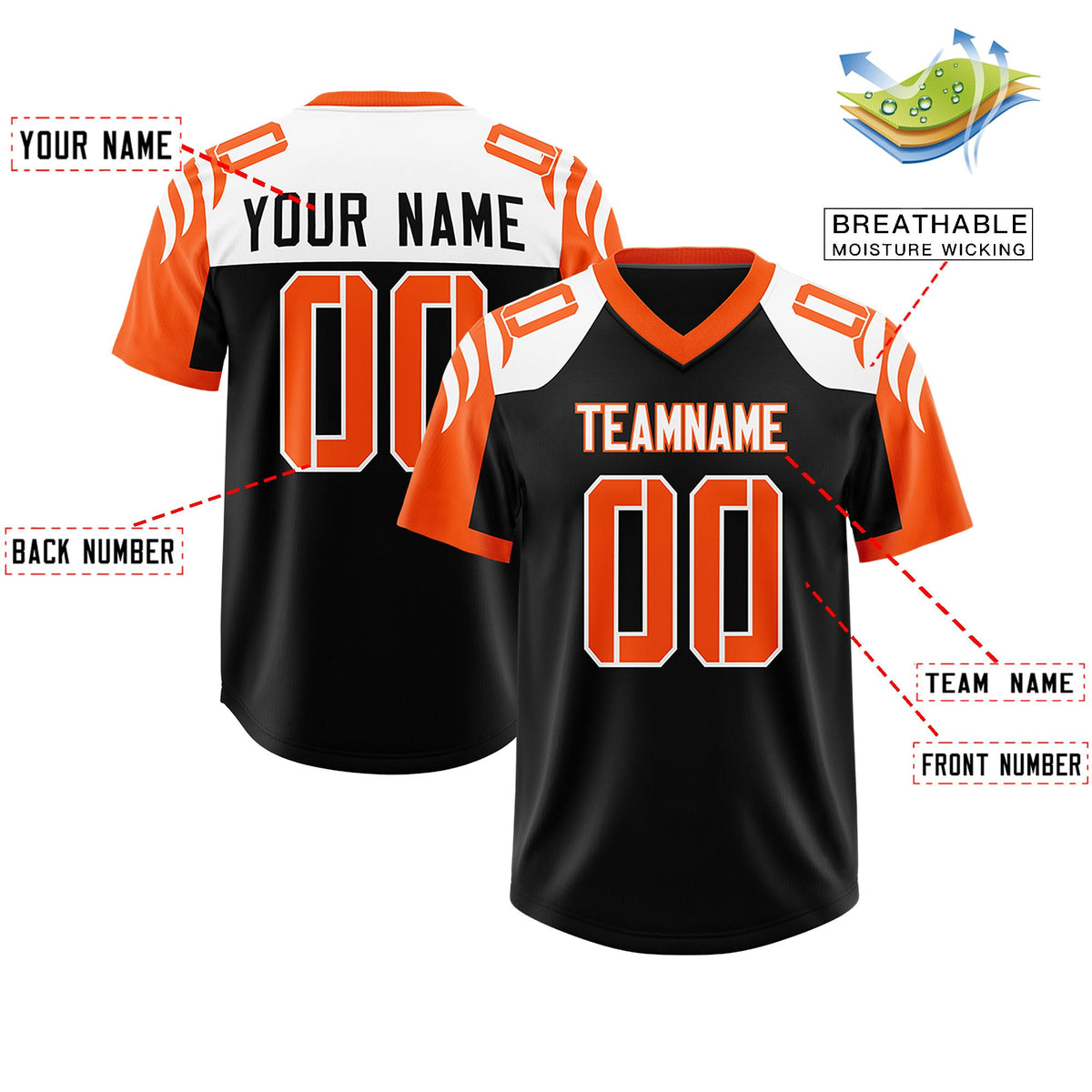 Custom Black Orange Raglan Sleeves Personalized Pattern Authentic Football Jersey