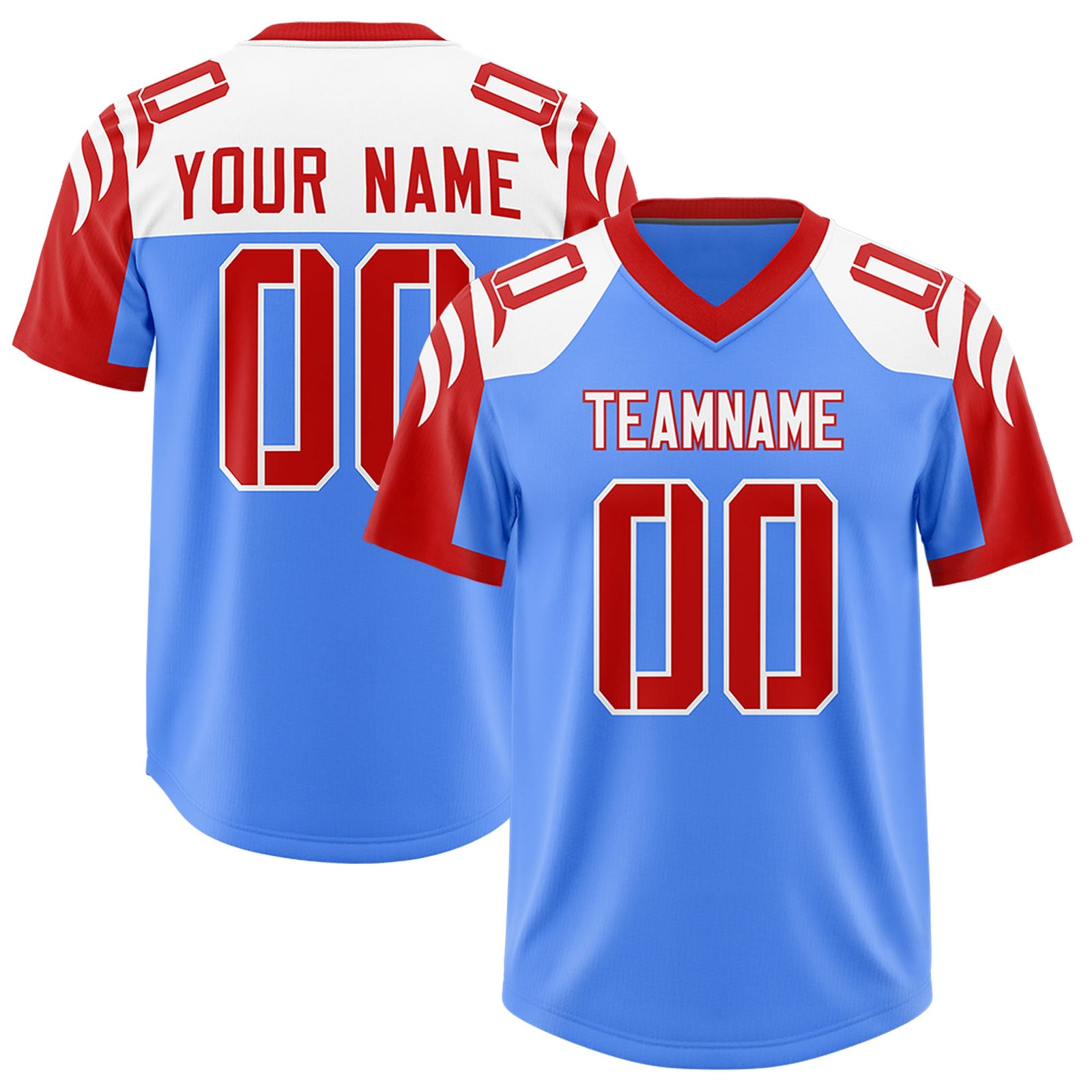 Custom Powder Blue Red Raglan Sleeves Personalized Pattern Authentic Football Jersey