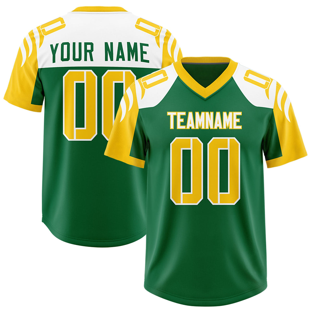 Custom Kelly Green Gold Raglan Sleeves Personalized Pattern Authentic Football Jersey