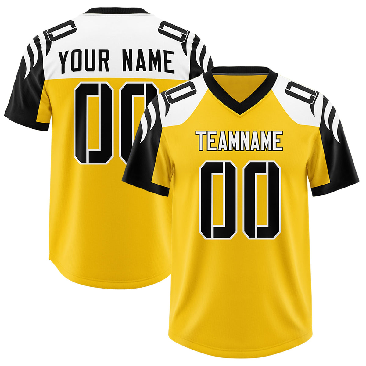 Custom Gold Black Raglan Sleeves Personalized Pattern Authentic Football Jersey