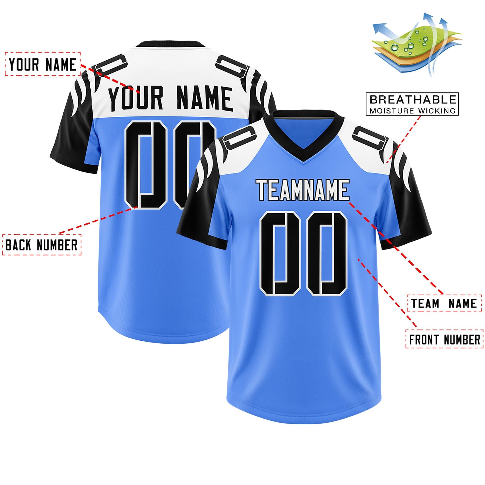 Custom Powder Blue Black Raglan Sleeves Personalized Pattern Authentic Football Jersey